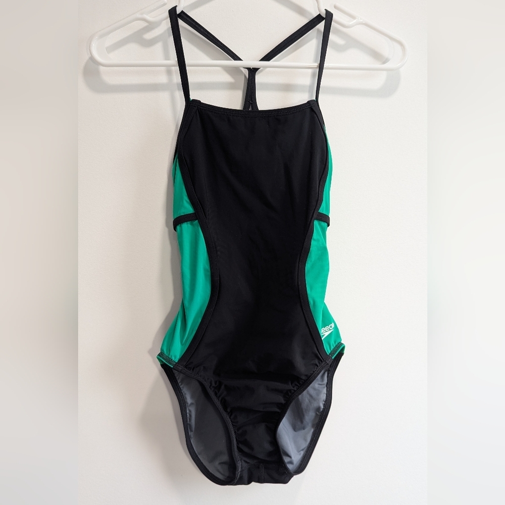 Speedo Competitive Women's Swimsuit Spring Splice Free Back Green Black, Sz 30/4